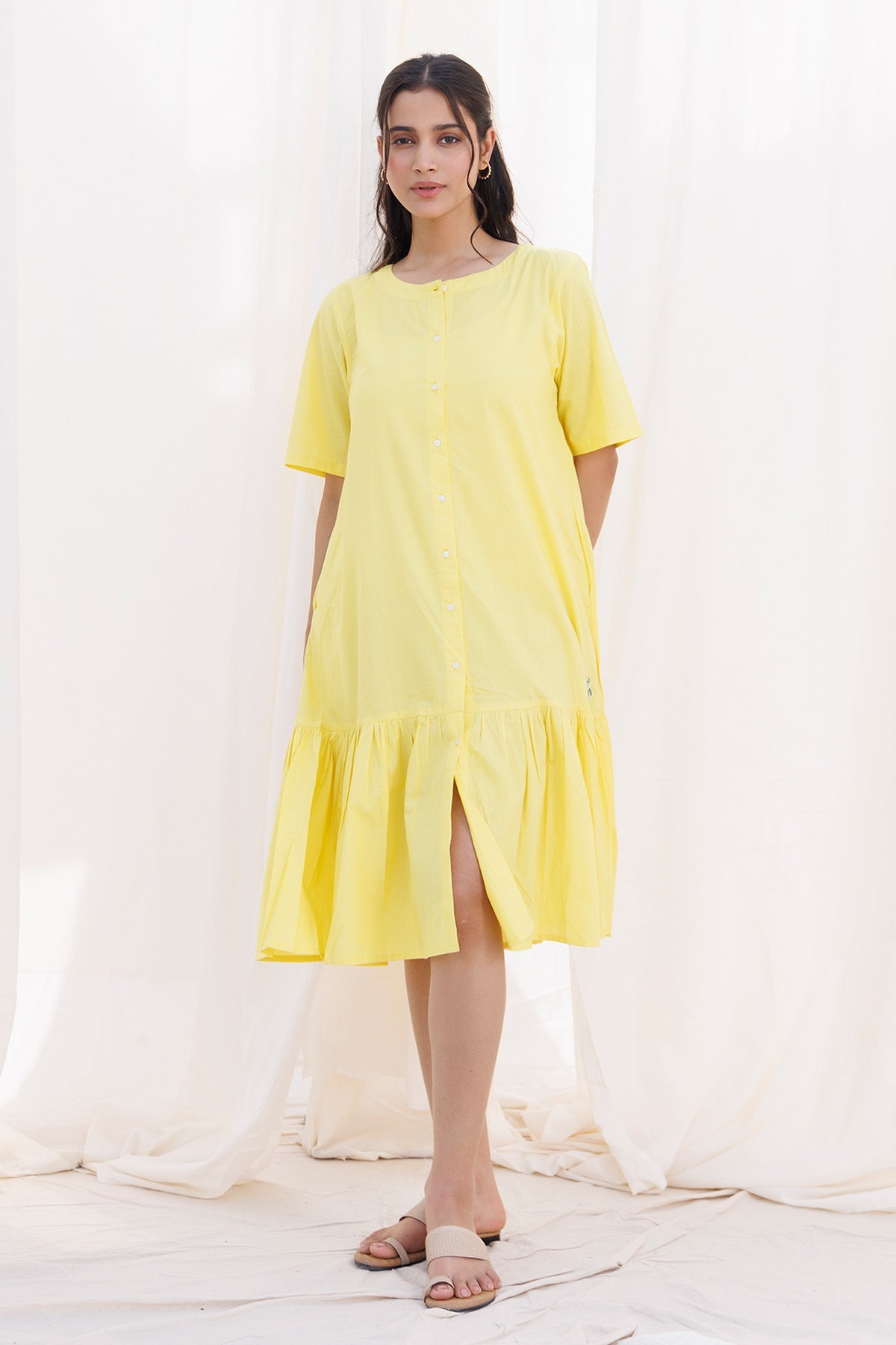 Buy Yellow Elbow Sleeves Frill Dress by Label Surabhi Raj for women online at ScrollnShops